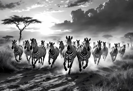 A herd of zebras charges across the dusty terrain, kicking up clouds of dust as the sun sets behind them. The dramatic sky and silhouettes capture nature's raw beauty and energy.の素材