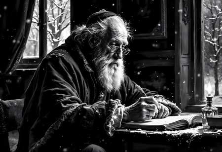 An elderly scholar, with a long white beard and glasses, is deeply focused as he writes in a large book. Snow gently falls outside the window of a rustic cabin, creating a tranquil atmosphere.の素材