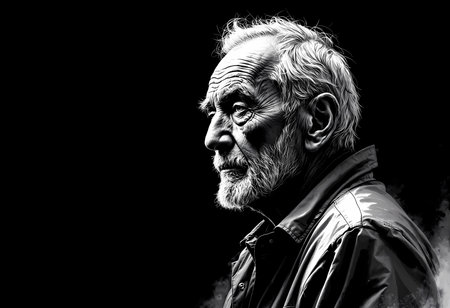 Standing against a dark backdrop, an elderly man exudes wisdom and strength. His weathered features tell stories of a life lived fully, inviting deep reflection on time and experience.の素材