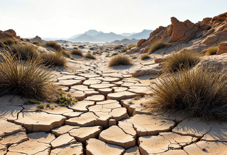 In a vast, arid landscape, cracked earth stretches across the horizon. Sturdy grasses emerge amidst the dry soil, thriving under the warm golden rays of sunlight in the afternoon.の素材