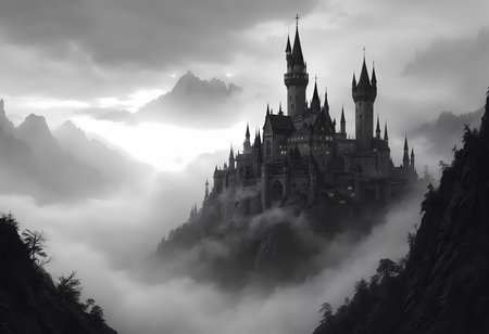 A grand castle stands tall amidst swirling fog, surrounded by rugged mountains.の素材