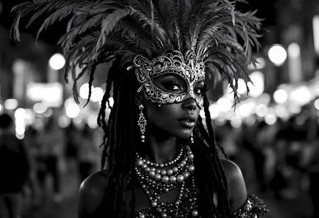 A captivating figure dressed in an ornate feathered mask and sparkling jewelry stands amid a lively festival crowd. The enchanting atmosphere glows with vibrant lights, hinting at celebration.の素材