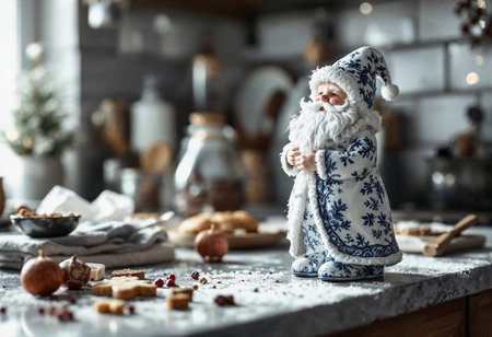 A whimsical Santa figure dressed in blue and white stands amidst delicious holiday treats on a snowy kitchen table. The warm atmosphere invites in the spirit of winter celebrations.の素材