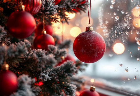 Red ornaments hang delicately from a snowy Christmas tree, while warm lights twinkle in the background. Outside, snowflakes dance against a frosted window pane, creating a magical atmosphere.の素材
