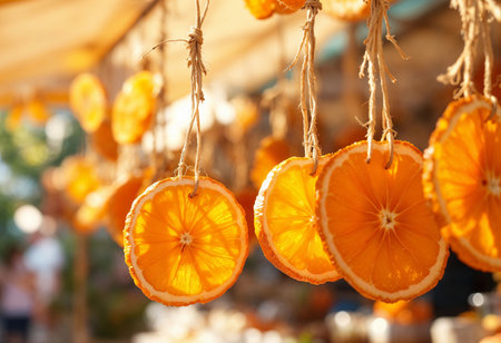 Bright orange slices dangle from twine, capturing sunlight and bringing warmth to a lively market. The colorful display attracts visitors, creating an inviting atmosphere filled with joy.の素材