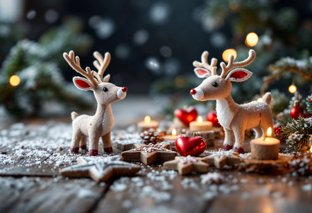 Soft, playful reindeer toy figures stand together amidst twinkling lights and candles. Surrounding them are heart-shaped ornaments and a snowy wooden table, creating a cozy holiday atmosphere.の素材