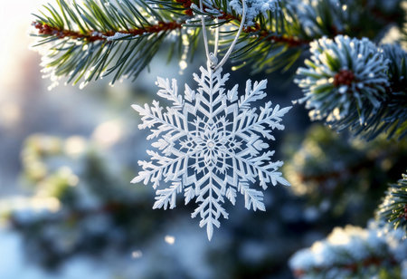 A pristine snowflake ornament dangles from a snow-covered pine branch, sparkling in the soft winter sunlight, evoking cozy holiday vibes and seasonal magic in a serene outdoor setting.の素材