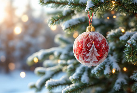 A beautifully decorated red ornament hangs from a snow-dusted evergreen tree branch, glowing under the warm winter sunlight, evoking holiday cheer and festive spirit.の素材