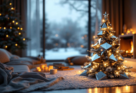 Twinkling lights adorn a stylish Christmas tree in a warm living room, while snow gently falls outside. Soft blankets and candles create a serene holiday atmosphere.の素材