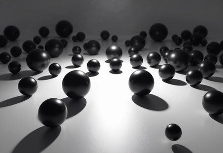 Glossy black spheres of varying sizes scatter across a smooth white surface. The interplay of light and shadows enhances their depth, creating an intriguing visual contrast.の素材