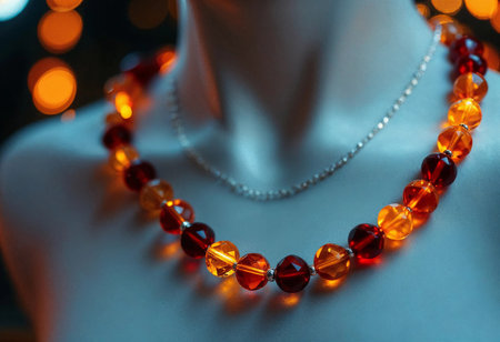 A breathtaking glass bead necklace, featuring vibrant reds and oranges, elegantly drapes around a neck. Soft, ambient lights create a captivating atmosphere that enhances its beauty.の素材