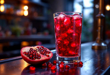 A vibrant glass filled with a pomegranate drink topped with ice sits on a wooden bar. Beside it, a halved pomegranate showcases its jewel-like seeds, enhancing the tranquil ambiance of dusk.の素材