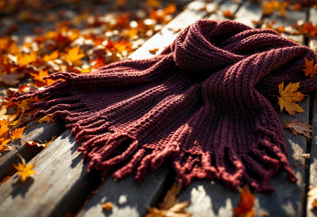 A rich maroon scarf lies comfortably on a sunlit wooden bench, scattered with bright orange and yellow leaves, capturing the essence of a crisp fall day filled with warmth and color.の素材