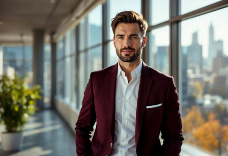 A well-dressed man stands confidently in a bright office featuring large windows that overlook a vibrant cityscape. Sunlight casts a warm glow, enhancing the modern atmosphere.の素材