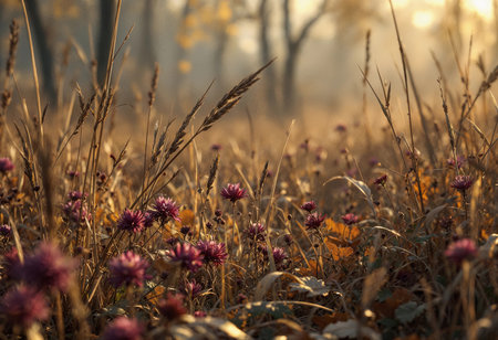 Delicate wildflowers bloom in a tranquil meadow, kissed by soft morning sunlight. Tall grasses sway gently in the breeze, creating a serene and peaceful atmosphere.の素材