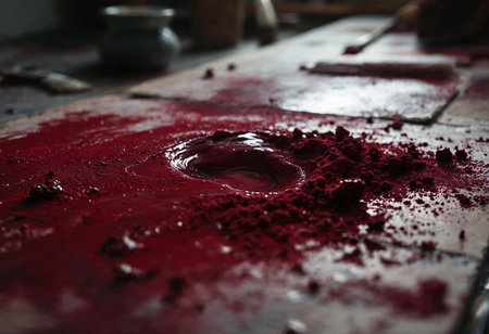 A serene workshop showcases the art of mixing vibrant pigments on a rustic wooden table.の素材