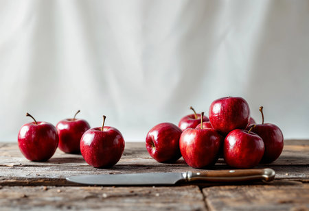 A collection of vibrant red apples is arranged on a rustic wooden table, with a sharp knife positioned beside them, highlighting their freshness and inviting a discussion on healthy eating.の素材