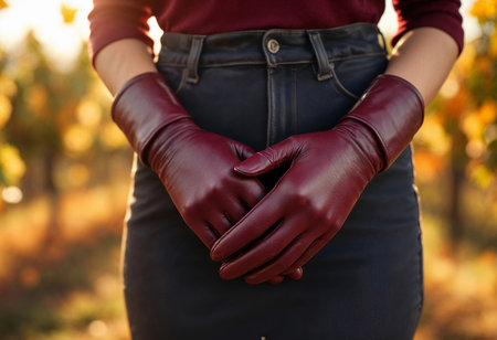 A woman stands gracefully in a vineyard, wearing stylish burgundy gloves. The warm sunlight filters through the leaves, creating a serene, picturesque atmosphere during the golden hour.の素材