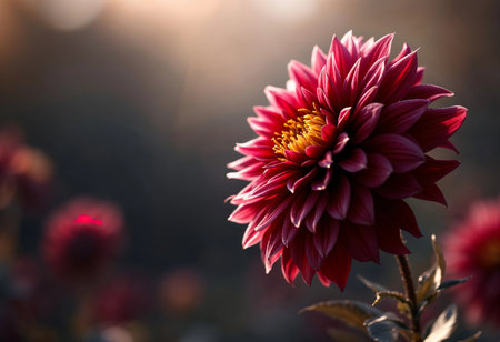 A stunning dahlia flower showcases its rich red petals and golden center, basking in the warm light of late afternoon. Surrounding blooms create a colorful garden landscape.の素材