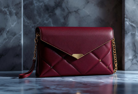 A luxurious burgundy clutch is elegantly placed on a marble surface, illuminated by gentle light that enhances its texture and design. This stylish accessory exudes sophistication.の素材