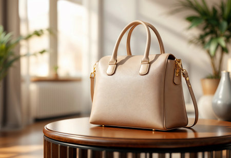 A chic beige handbag rests gracefully on a wooden table bathed in natural light, complementing a tasteful modern interior with lush green plants and a serene atmosphere.の素材