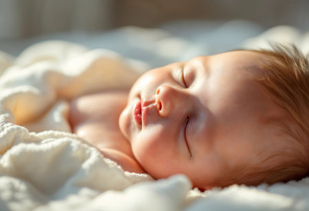 A serene baby sleeps soundly, nestled in a fluffy blanket, with gentle sunlight illuminating their peaceful face, creating a heartwarming scene of tranquility and innocence.の素材