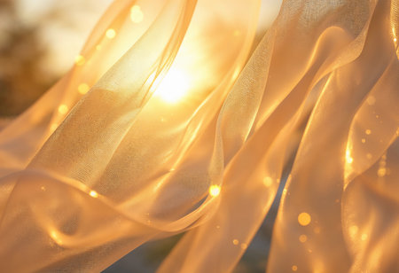 Soft, translucent fabric billows gently in a warm breeze as sunlight filters through, creating an enchanting golden hue. This serene moment captures the beauty of nature and textiles.の素材