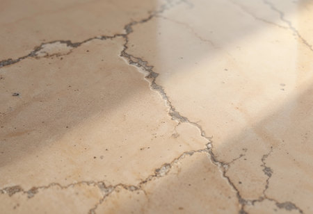 Sunlight gently streams across a cracked marble floor, highlighting the intricate textures and natural variations of the stone. The play of light and shadows brings depth and character to the surface.の素材