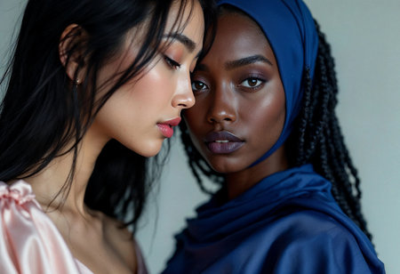 Two women share a tender moment showcasing their unique beauty and cultural attire. The soft lighting enhances their striking features, creating a harmonious visual blend that celebrates diversity.の素材