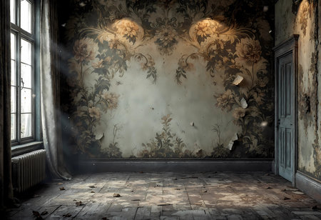 Dust particles dance in the soft light filtering through cracked glass, illuminating peeling floral wallpaper and a lonely door. Silence envelops the splendor of a once-vibrant space.の素材