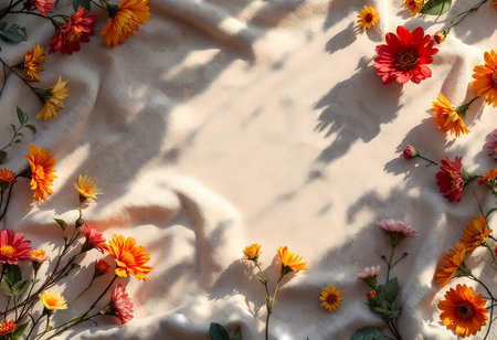 Bright flowers in shades of orange, pink, and red gracefully lie on a soft fabric backdrop. Sunlight filters through, creating beautiful patterns and shadows that enhance nature's beauty.の素材