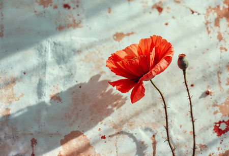 A vibrant red poppy flower stands gracefully beside a budding stem, illuminated by sunlight. Soft shadows dance on a weathered wall, creating a tranquil atmosphere of nature's beauty.の素材