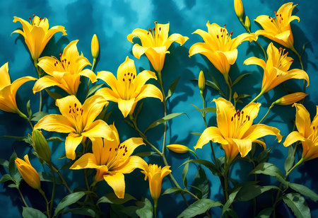 A stunning display of bright yellow lilies flourishes against a rich teal background. The elegant blooms and budding flowers capture the essence of spring's beauty and vibrancy.の素材