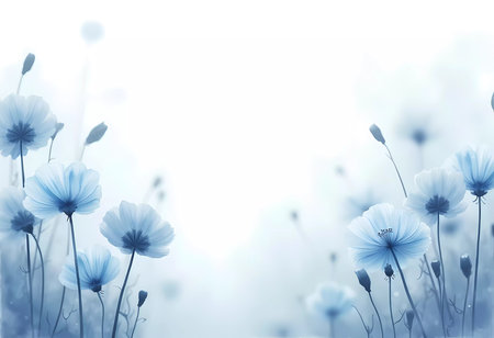 Blue blossoms sway gently in the soft morning light, creating a serene atmosphere. The delicate petals bring a sense of calm and beauty to the peaceful meadow landscape.の素材