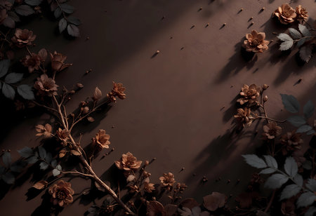 A display of intricate flowers and foliage rests on a rich dark backdrop. The soft sunlight creates gentle shadows, enhancing the beauty of nature's artistry in a peaceful moment.の素材
