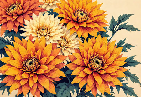 A stunning display of vibrant chrysanthemums fills the canvas, with orange and cream petals strikingly contrasting against lush green leaves.の素材