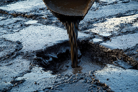 Workers pour hot asphalt into cracks of a worn road, blending repairs with the surrounding surface. The sun shines brightly, illuminating the hard work of the crew as they enhance safety.の素材