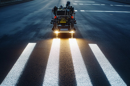 A futuristic road marking robot diligently paints bright white lines on an empty street, illuminating the asphalt with its lights during the tranquil early morning hours.の素材