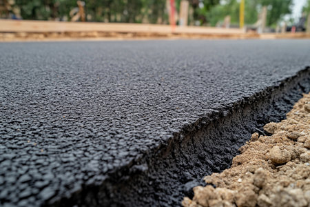 A close-up view of freshly poured asphalt, showcasing its textured surface and clear edge meeting the dirt. The construction site bustles with activity under a bright sky.の素材