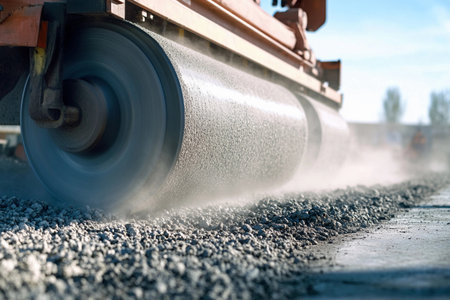 A steamroller compresses gravel while workers oversee the process at a bustling construction site. Dust gently rises, illuminated by the sun, showcasing a day of dedicated labor.の素材