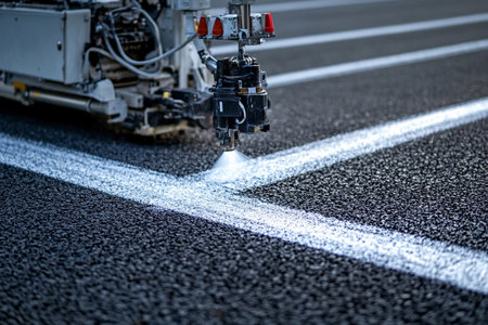 An advanced road marking machine operates during twilight hours, spraying bright white lines onto the asphalt of a bustling urban street. The fresh markings enhance road safety.の素材