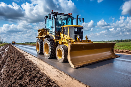 A powerful bulldozer moves along a freshly paved road, reshaping the land under a vivid blue sky. Nearby, lush green fields stretch out, showcasing a productive day in construction.の素材