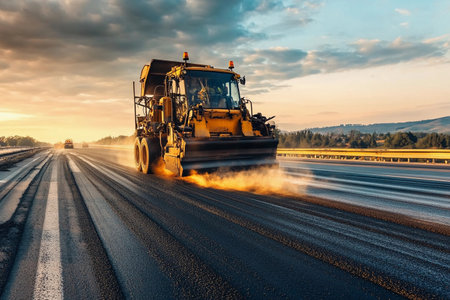 Heavy machinery paves a highway as warm sunlight bathes the scene in golden hues. Dust swirls around, creating a magical atmosphere during evening construction hours.の素材