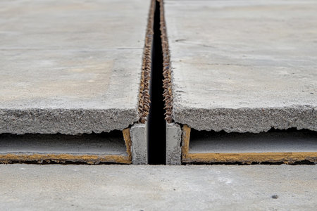 Concrete slabs show a gap revealing metal reinforcements, highlighting a construction site. The rough textures and sunlight create an industrial atmosphere during the building process.の素材