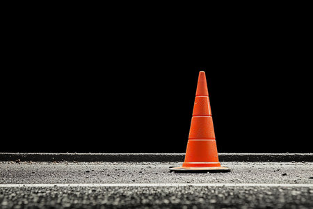 An isolated, bright orange traffic cone stands on a deserted stretch of road. The focus is on the stark contrast between the cone and the dark backdrop, evoking a sense of solitude.の素材