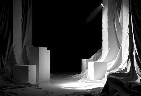 In a dimly lit studio, geometric white shapes rise amidst flowing fabric draped dramatically, creating a serene and contemplative atmosphere enhanced by the focused light.の素材