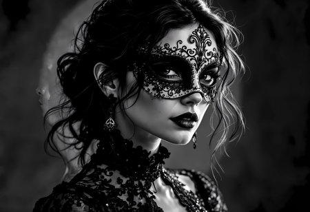 A captivating figure adorned with an intricate black lace mask gazes confidently. The soft shadows enhance the dramatic allure of the masquerade ball setting, evoking a sense of mystery.の素材