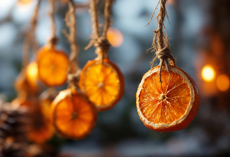Dried orange slices dangle gracefully, illuminated by soft lights, creating a warm and inviting atmosphere perfect for festive decorations. Their vibrant color adds charm to the scene.の素材
