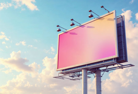 A vibrant sunset fills the sky with soft pink and orange hues, highlighting a large blank billboard. The tranquil scene captures the transition of day to night, evoking a sense of calm.の素材