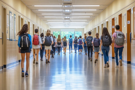 Groups of students with backpacks stroll through a well-lit school corridor, chatting and laughing as they make their way towards the exit. It's a lively afternoon filled with energy.の素材